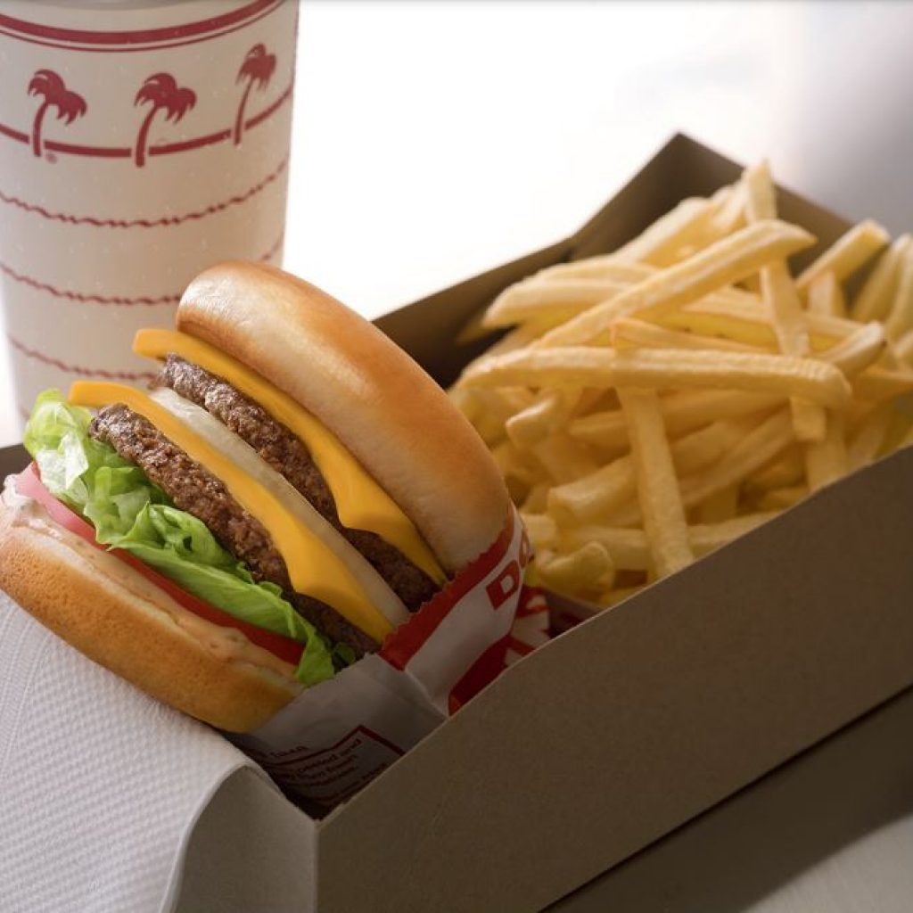 Enjoy an In-N-Out Burger Double-Double combo meal.