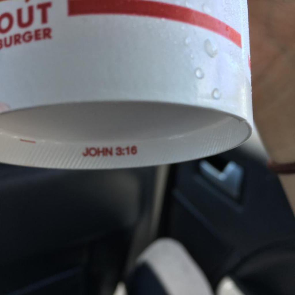In the late 80's, Rich began the practice of printing bible verses on the cups and burger wrappers. Rich said, "It's just something I want to do." In-N-Out Burger
